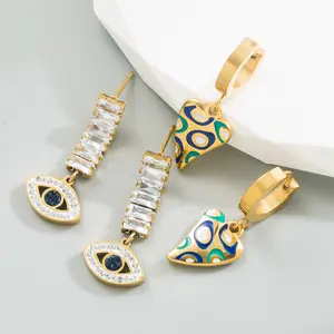 Top Seller Shiny Zircon CZ Evil Eyes Long Stud Earrings Stainless Steel Rainbow Enameled Irregular Heart Drop Earrings