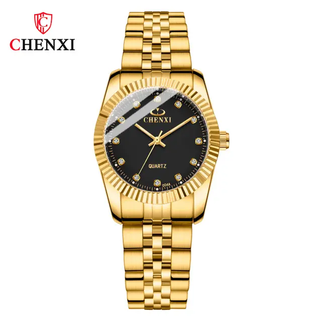 CHENXI 004 Stainless Steel Quartz Golden Watch Couple Analog Trend Design Quartz Diamond Wrist Watches For Lovers