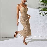 Robe de plage longue à bretelles ajourée sexy, style européen et américain, avec franges, sans manches, tricotée, respirante, 100% [matière]