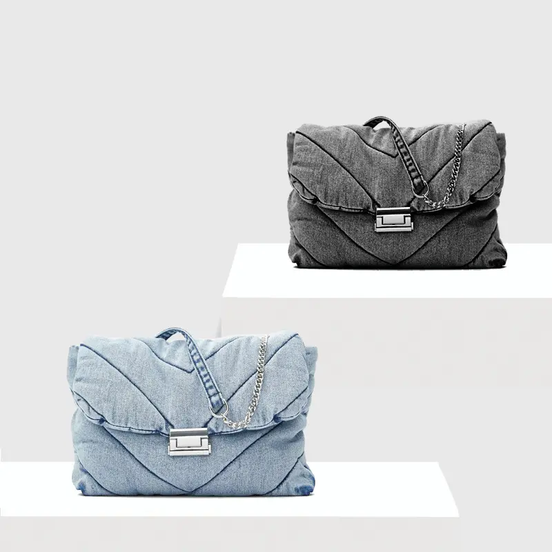 Wholesale latest design ladies chain handbag blue plain cotton canvas tote bags grey denim tote bags Oxford messenger Bag