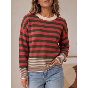 Pull rayé personnalisé pour femme, col rond, manches longues, tricot doux en coton, haut décontracté pour l'automne - Product Image 2