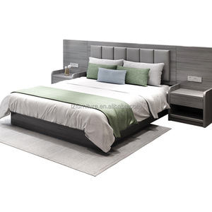 Modern King Size Wooden Hotel Bed with Upholstered Headboard and <b>Side</b> <b>Tables</b> for Commercial Hospitality Bedroom <b>Set</b> Furniture - Product Image 1
