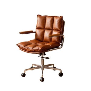 Chaise de bureau rétro en cuir véritable, réglable en hauteur, pivotante, pour bureau à domicile, salle d'étude - Product Image 5