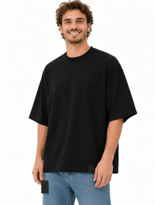 Camiseta Unisex Negra de Cuello Redondo, Corte Regular, Manga Corta, Color Sólido, Jersey de Algodón, Ropa Casual para Todas las Temporadas, Transpirable, Estilo Holgado - Product Image 4