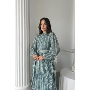 Robe longue en mousseline de soie menthe à volants avec col mandarin, silhouette trapèze, tissu respirant, taille naturelle - Product Image 3