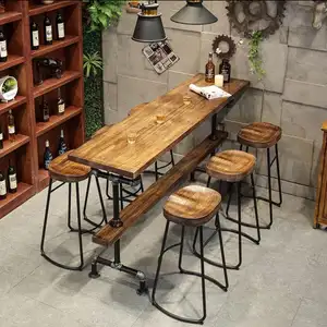 Furnitur komersial Modern atasan kayu dapur dengan kaki logam meja makan panjang restoran meja Bar tinggi kayu