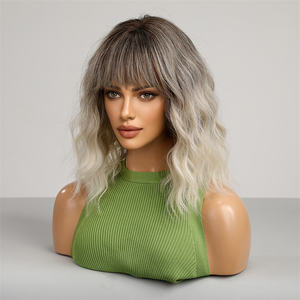 Noir blanc couches perruque <span class=keywords><strong>mi</strong></span>-longueur <span class=keywords><strong>cheveux</strong></span> vague <span class=keywords><strong>frange</strong></span> perruque africaine femmes résistant à la chaleur fibre mat Durable scène Photo - Product Image 3