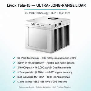 Livox Tele-15: LiDAR дальнего действия (500 м), обнаружение на 320 м при отражении 10%, встроенная технология IMU для автономного вождения - Product Image 3