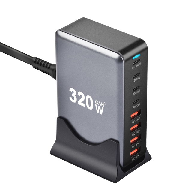 Hot Selling 320W GaN USB C PD Charger 8-Port Quick Charge 3.0 Intelligent Desktop Charger for Mobile Phones 5V/2.4A Laptops