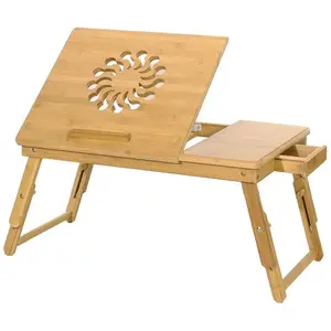 Bureau pliable en bambou pour ordinateur portable, plateau de service de petit déjeuner réglable avec tiroir