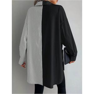 FOXA Chemise asymétrique rayée à manches longues et boutonnée pour femme, grande taille, pour le travail, automne - Product Image 2