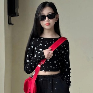 Completo da ragazza in 2 pezzi, top a maniche lunghe con strass a forma di stella a cinque punte, pantaloni a gamba larga per bambini adolescenti - Product Image 6