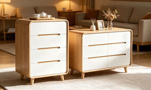 Commode scandinave en chêne massif à 4 tiroirs, meuble de rangement autoportant pour salon - Product Image 6