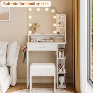 Meja rias putih dengan kursi meja rias kecil dengan cermin dan lampu meja rias dengan stop kontak untuk ruang kecil - Product Image 2