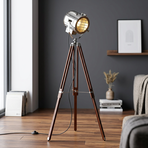 Lampadaire trépied nautique chromé avec projecteur, style industriel en bois pour la décoration intérieure - Product Image 2