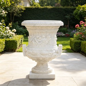 Urne <span class=keywords><strong>en</strong></span> <span class=keywords><strong>pierre</strong></span> massif avec relief de tête de taureau, style dieu romain antique, pour aménagement paysager extérieur de villas et projets hôteliers - Product Image 4