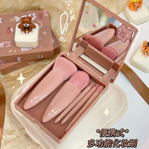 Travel Size 5 Piece Makeup <b>Brush</b> Set Mirror Portable Powder Blush Face Synthetic Fibers Plastic Handle <b>Round</b> China - Product Image 2