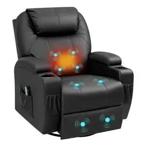 Тёмно-черное вращающееся кресло-качалка из искусственной кожи с функцией массажа и обогрева, диван-кресло с дистанционным управлением, два держателя чашки