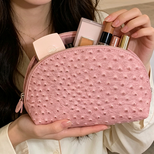 Large Storage 2 In 1 Pink Ostrich Pattern PU Cosmetic Bag Durable <b>Shell</b> Makeup Bag Portable Hand Carry Travel Beauty Bag - Product Image 4