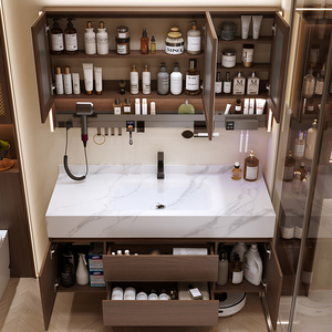 New light luxury style <b>walnut</b> slate hot-bent integrated basin bathroom cabinet combination washbasin cabinet - Product Image 3