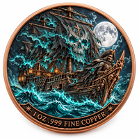 Pièce de monnaie d'imitation en cuivre pur 999 de 1 oz, électroplaquée, série Halloween, squelette de pirate, en relief 3D, couleur UV, artisanat métallique