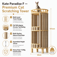 Tour à gratter cylindrique pour chat Kate Paradise F, multi-niveaux, en bois massif et sisal naturel, 101 cm, avec balustrade supérieure circulaire complète