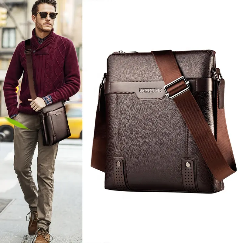Hot trend promotion office business handmade quality fashion mens crossbody shoulder sling pu leather messenger bag men
