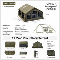 Tente gonflable en PVC de 17,2 mètres carrés, gonflage automatique, imperméable, protection UV, grand espace, camping en plein air, portable