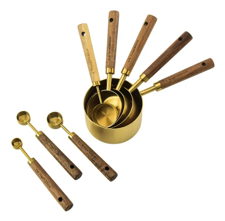 Gaya Baru Set 8 Emas Stainless Steel Gelas Ukur dan Sendok Set dengan Pegangan Kayu untuk Mengukur Baking