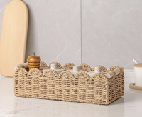 Panier de rangement en corde de papier écologique moderne, tressé à la main, à bord festonné, rectangulaire, avec poignées en bois, pour salle de bain, vente en gros
