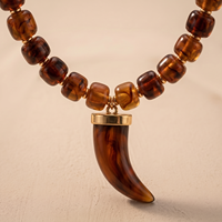 Collier Bohème à Grosses Perles en Résine Ambrée avec Fermoir en Acier Inoxydable et Pendentif Vintage Dents de Loup
