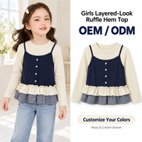 T-shirt à manches longues superposé à volants et carreaux pour filles, haut boutonné pour tout-petits et enfants, OEM ODM Vente en gros