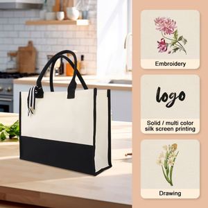 Reusable <b>Black</b> White <b>Canvas</b> <b>Tote</b> <b>Bag</b> with Striped Ribbon Custom Logo for Gift Shopping Promotion - Product Image 3