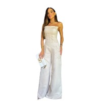 Ensemble combinaison pantalon large élégant et transparent à bretelles, couleur unie, taille haute, pour femme, été