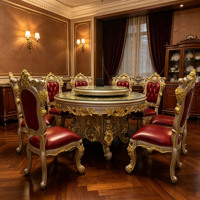 Luxuriöses Barockes Goldgeschnitztes Massivholz Rundes Esszimmer-Set Glasplatte Drehbare Tischplatte Rote Esszimmerstühle für Villa Herrenhaus Hotel
