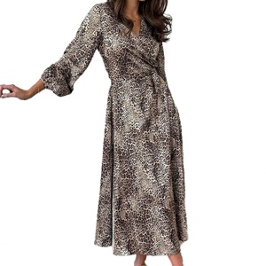 Vestidos Midi de Satén con Estampado de Leopardo para Otoño, Cuello en V, Manga Farol, Estilo A-Line, Venta al por Mayor, Personalizados OEM ODM - Product Image 3