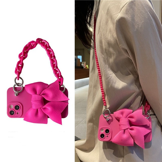 Sweet Fashion Rose Pink Large Bow Mobile Phone Case Wrist Strap Slung Lanyard for Iphone 16 Pro Max 15 Plus 14 13 12 11