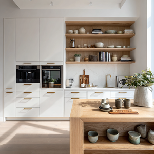 Armoires de <span class=keywords><strong>cuisine</strong></span> modernes scandinaves en chêne blanc VSME avec étagères ouvertes et îlot en <span class=keywords><strong>marbre</strong></span>, ensemble d'armoires modulaires - Product Image 1