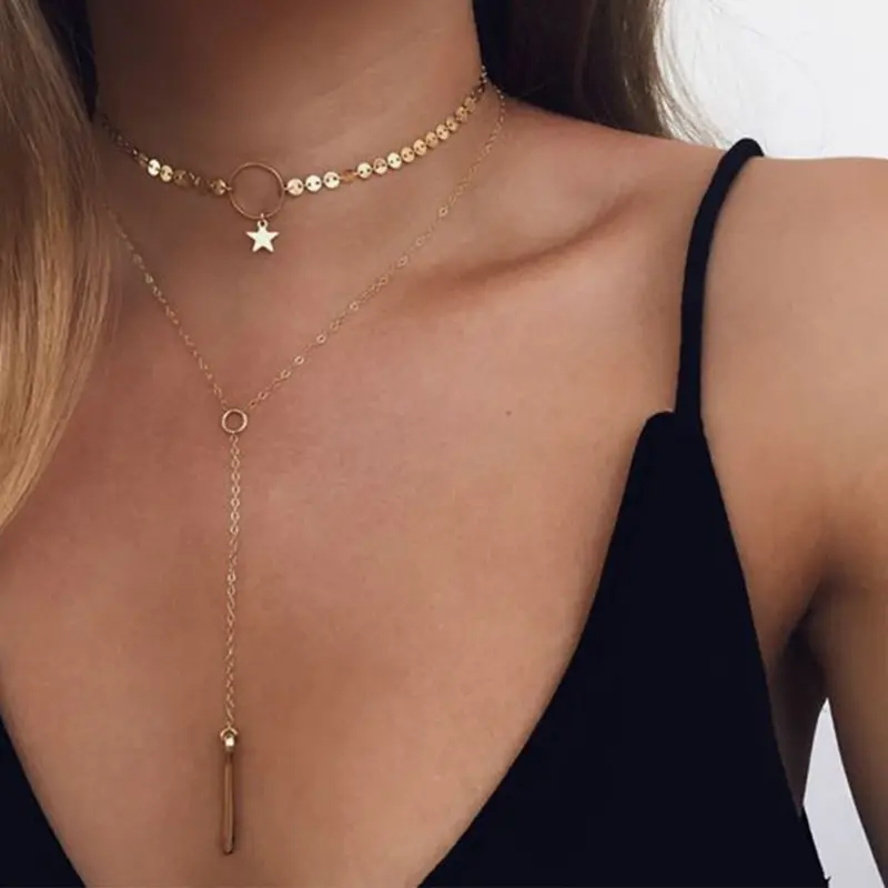 Hot Sale Gold Silver Sequins Long Tassel Star Choker Necklace Accessories For Women Jewelry Double Layer Chokers