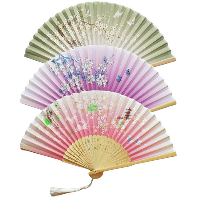 Factory Price Silk Chinese Fan Dance Fans Bamboo Silk Folding Hand Fan With Tassels