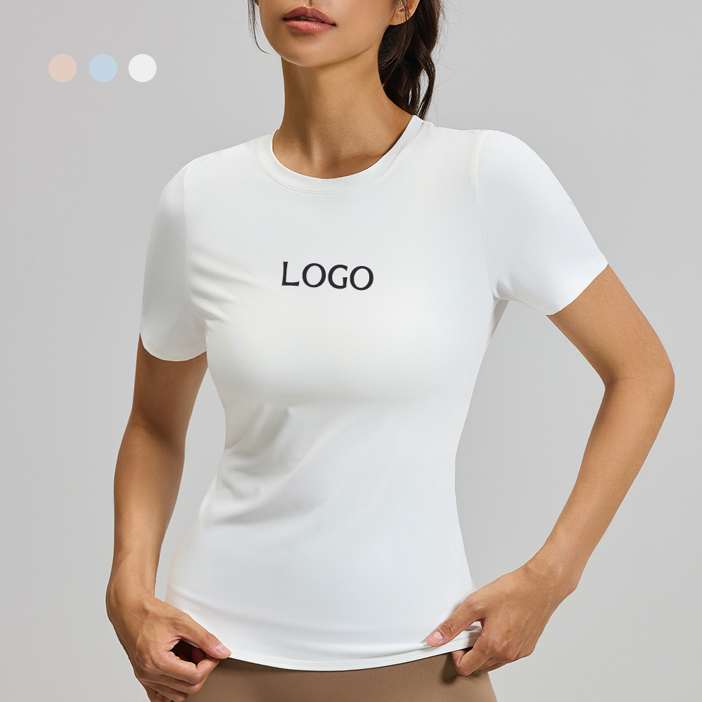 OEM Custom High Elastic Sports Gym Tops Waterdrop Hollow & Back Hem Cross Breathable Quick Dry Women's Short Sleeve Yoga T Shirt