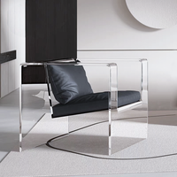 Fauteuil lounge sans accoudoirs en acrylique transparent de luxe nordique avec coussin en cuir/velours pour appartement, hall d'hôtel, salon, café, lounge
