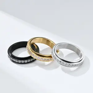 New Arrival Stainless Steel Double Rotatable Spinner Anxiety Relief Zircon Ring Rings For Women Men