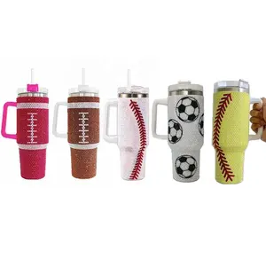 full rhinestone bling 40oz football tumbler double vacuum stainless steel tumbler mug with handle and straw lid for drinking