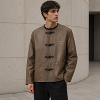 Veste sans col pour homme en similicuir avec fermeture à boutons, poches plaquées, manches longues, style décontracté pour tous les jours, marque privée