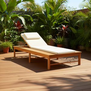 Lettino Prendisole in Legno Massello di Acacia con Cuscino Bianco Crema Incluso, Arredo da Esterno dal Design Contemporaneo - Product Image 2