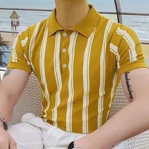 Kaus Polo ramping bergaya Inggris longgar modis desain baru kaus Polo Lapel kaus kasual rajutan es sutra kuning