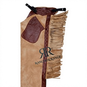 Premium Custom Brown Suede Cowhide Leather Rodeo <b>Chaps</b> with Contrast Patch Accents, Matching Fringe, and Ranchos Range Branding - Product Image 1