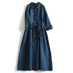 Abito Lungo Casual da Donna in Lino a Maniche Lunghe, Tinta Unita, con Colletto a Risvolto, Bottoni e Cintura in Vita, Vestibilità Ampia - Buongiorno - Product Image 1