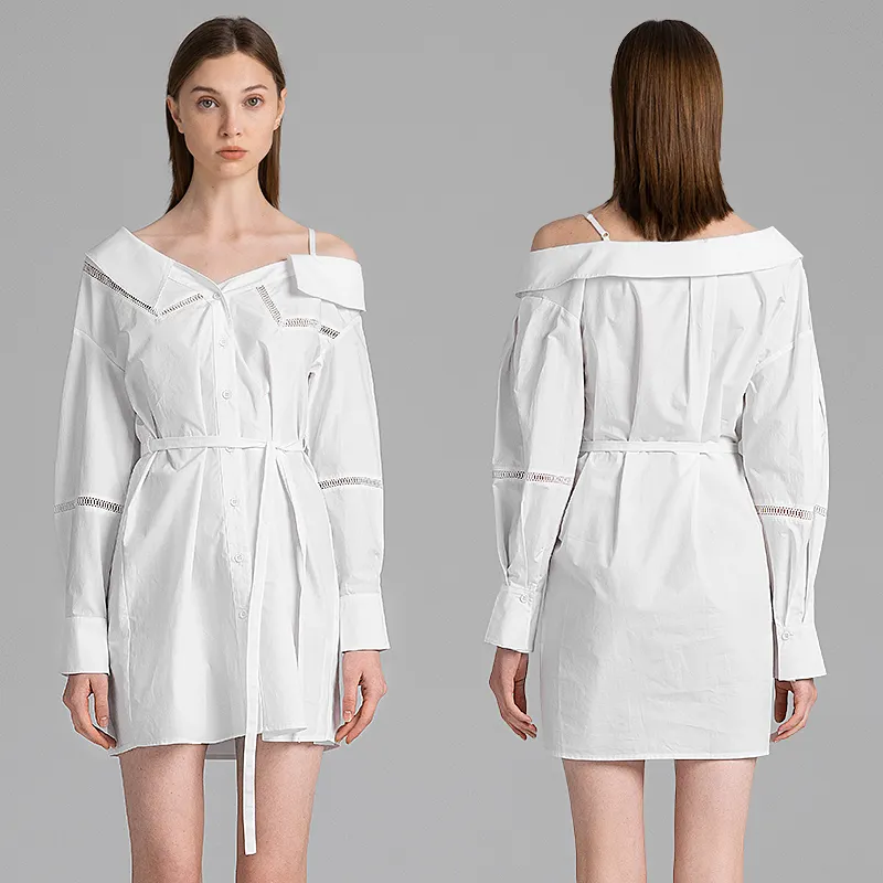 Fashionable high quality long sleeve strapless dresses white formal office elegant short casual dress for women